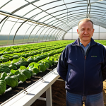 **

A Polish farmer proudly standing in a modern greenhouse, showcasing high-quality produce grown with EU subsidies. In the background, wind turbines and solar panels symbolize the sustainable development of Polish agriculture. The scene is bathed in warm sunlight, highlighting the prosperity and innovation in the countryside.

**