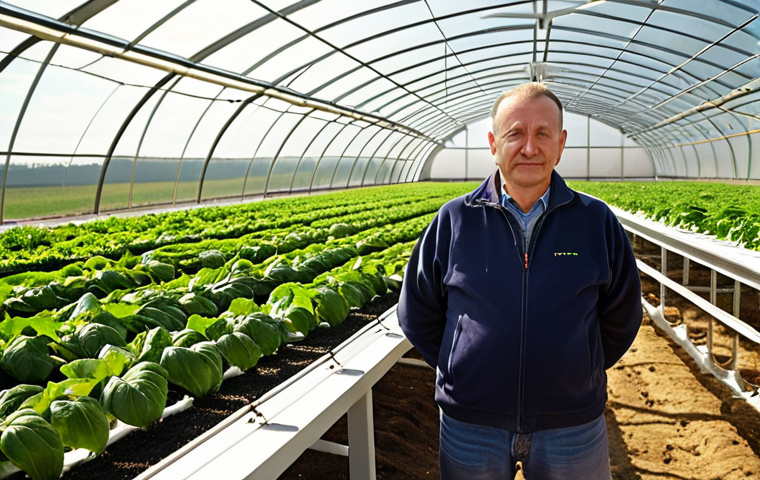 **
A Polish farmer proudly standing in a modern greenhouse, showcasing high-quality produce grown with EU subsidies. In the background, wind turbines and solar panels symbolize the sustainable development of Polish agriculture. The scene is bathed in warm sunlight, highlighting the prosperity and innovation in the countryside.
**