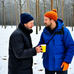 A group of professional humanitarian aid workers, fully clothed in warm winter gear, distributing blankets and hot beverages to individuals dressed in modest, layered winter clothing. Set in a snowy, sparse forest clearing near a border, with tall, bare trees in the background. The light is soft, winter daylight. perfect anatomy, correct proportions, natural pose, well-formed hands, proper finger count, natural body proportions, professional photography, high-resolution, sharp focus, clean image, appropriate content, safe for work, family-friendly, fully clothed.