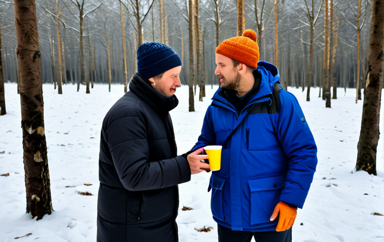 A group of professional humanitarian aid workers, fully clothed in warm winter gear, distributing blankets and hot beverages to individuals dressed in modest, layered winter clothing. Set in a snowy, sparse forest clearing near a border, with tall, bare trees in the background. The light is soft, winter daylight. perfect anatomy, correct proportions, natural pose, well-formed hands, proper finger count, natural body proportions, professional photography, high-resolution, sharp focus, clean image, appropriate content, safe for work, family-friendly, fully clothed.