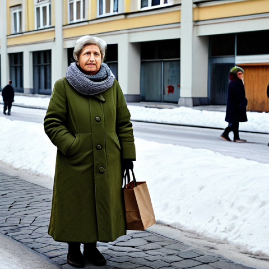 A resilient middle-aged Polish woman, fully clothed in a modest, practical winter coat and scarf, stands patiently in a long queue on a gray, utilitarian street in Communist-era Poland. The background features drab, functional concrete buildings, suggesting scarcity and an everyday struggle. She holds a simple canvas shopping bag. The scene evokes a sense of quiet determination amidst the challenges of daily life. perfect anatomy, correct proportions, natural pose, well-formed hands, proper finger count, natural body proportions, professional photography, high quality, safe for work, appropriate content, fully clothed, modest, family-friendly.