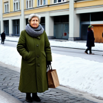 A resilient middle-aged Polish woman, fully clothed in a modest, practical winter coat and scarf, stands patiently in a long queue on a gray, utilitarian street in Communist-era Poland. The background features drab, functional concrete buildings, suggesting scarcity and an everyday struggle. She holds a simple canvas shopping bag. The scene evokes a sense of quiet determination amidst the challenges of daily life. perfect anatomy, correct proportions, natural pose, well-formed hands, proper finger count, natural body proportions, professional photography, high quality, safe for work, appropriate content, fully clothed, modest, family-friendly.