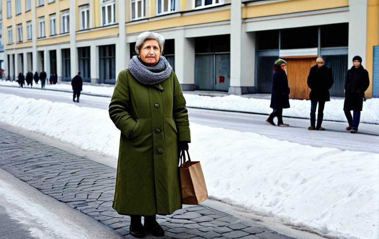 A resilient middle-aged Polish woman, fully clothed in a modest, practical winter coat and scarf, stands patiently in a long queue on a gray, utilitarian street in Communist-era Poland. The background features drab, functional concrete buildings, suggesting scarcity and an everyday struggle. She holds a simple canvas shopping bag. The scene evokes a sense of quiet determination amidst the challenges of daily life. perfect anatomy, correct proportions, natural pose, well-formed hands, proper finger count, natural body proportions, professional photography, high quality, safe for work, appropriate content, fully clothed, modest, family-friendly.