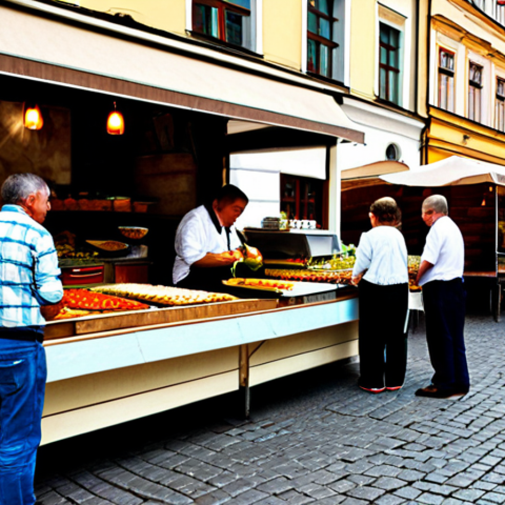 폴란드 길거리 음식 투어 - Cracow Street Food Scene**

"A vibrant street scene in Cracow, Poland, featuring food stalls selling...
