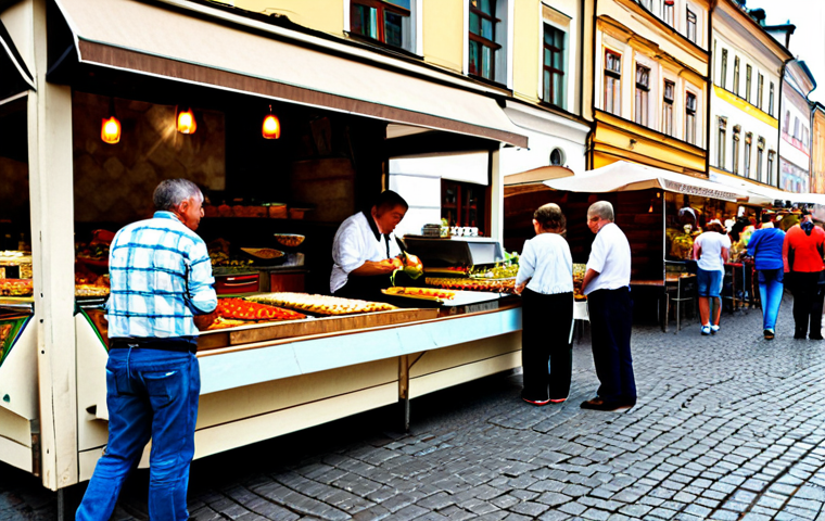 폴란드 길거리 음식 투어 - Cracow Street Food Scene**

"A vibrant street scene in Cracow, Poland, featuring food stalls selling...