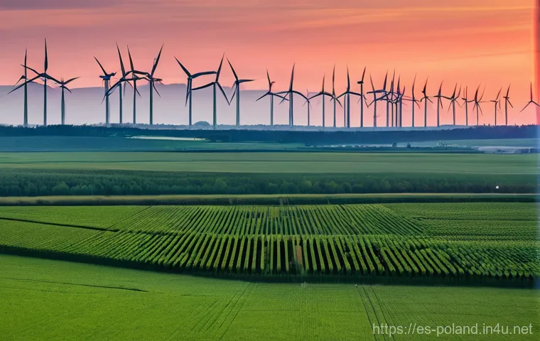 폴란드의 전력 공급 상황 - **"Sunrise over Poland's Energy Shift"**
    A wide, inspiring panoramic shot at sunrise, featuring ...