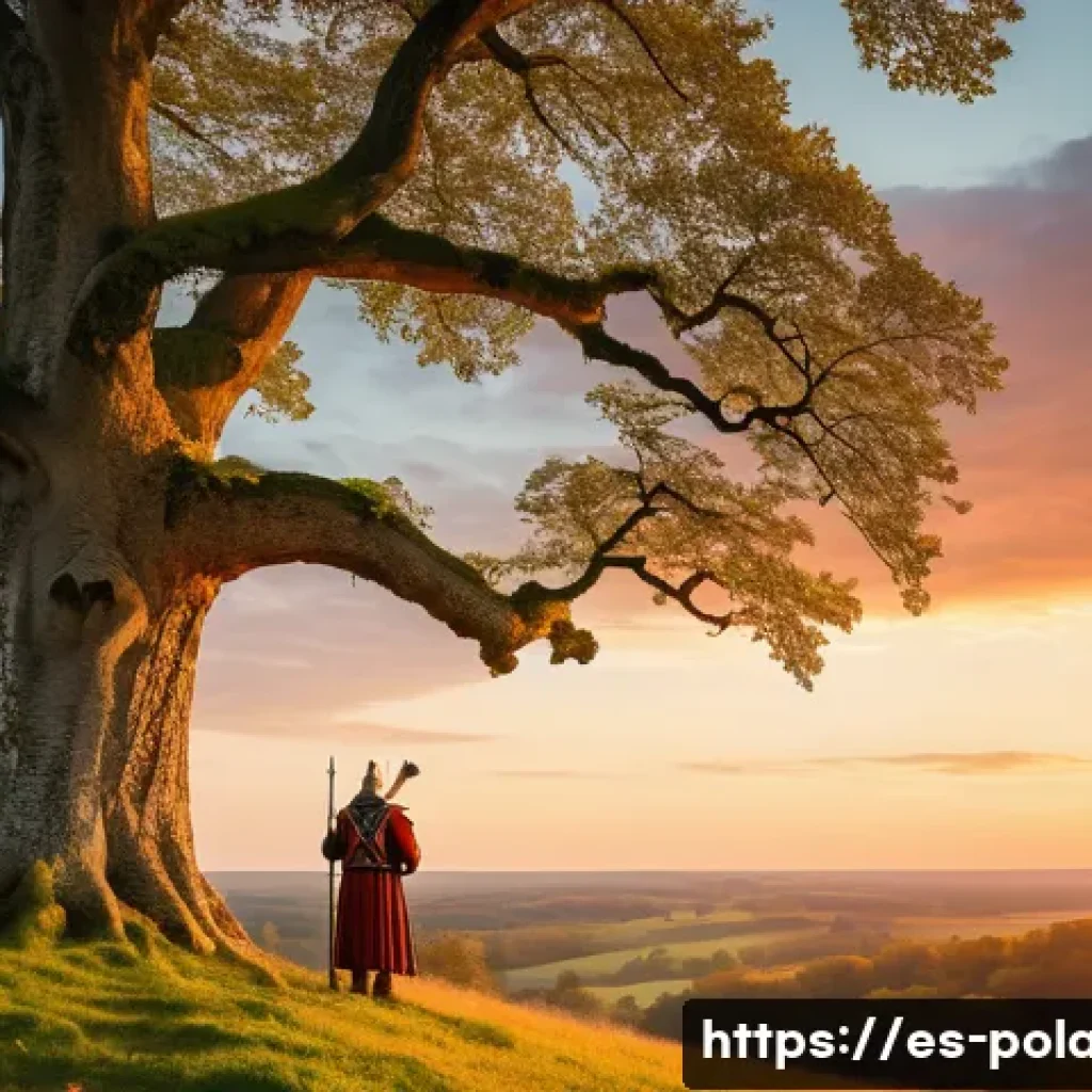 폴란드 건국 신화 - A majestic scene depicting Lech standing proudly beneath a massive white oak tree in a lush Polish f...