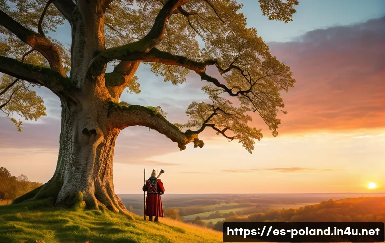 폴란드 건국 신화 - A majestic scene depicting Lech standing proudly beneath a massive white oak tree in a lush Polish f...
