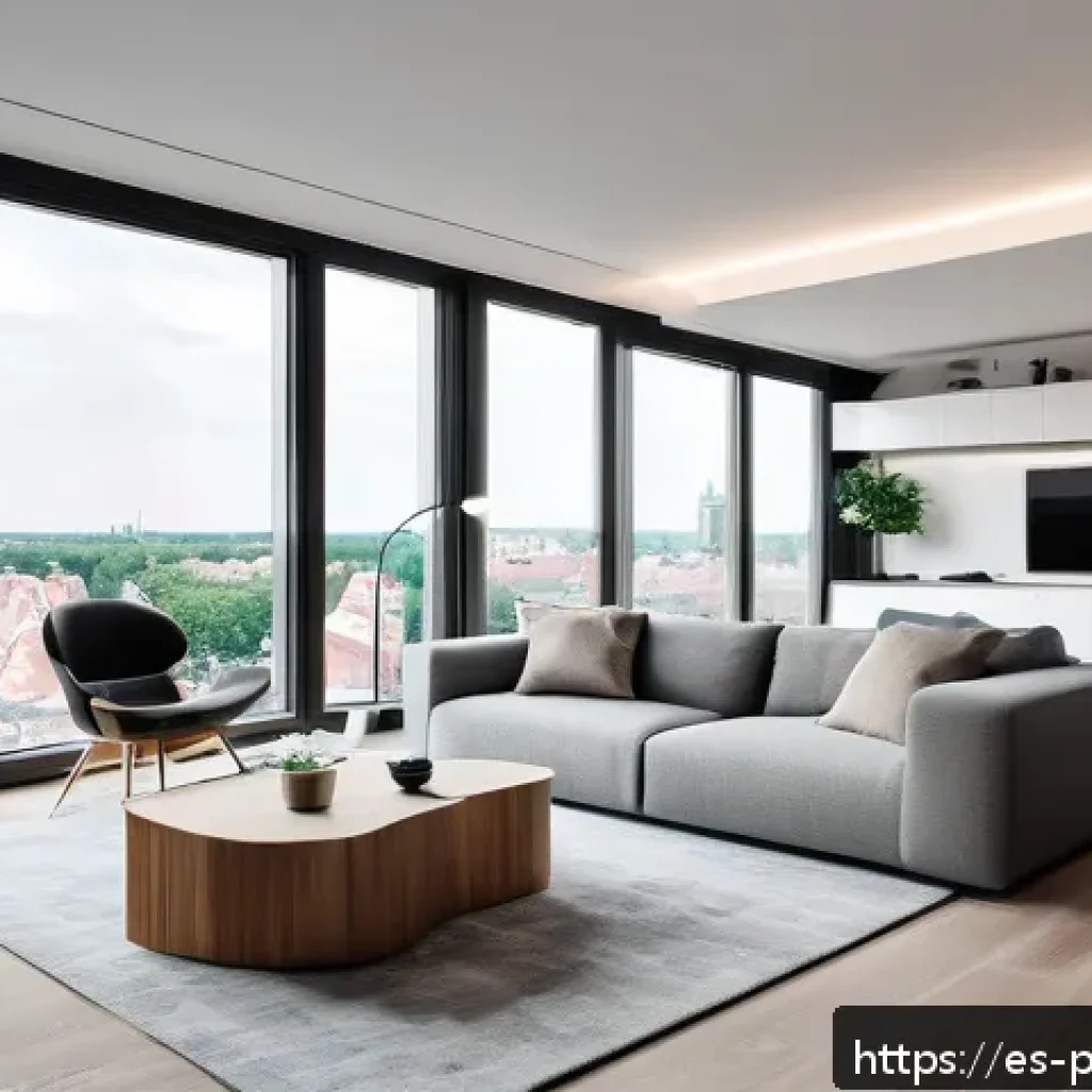 폴란드 주거 환경 - A modern Polish urban apartment interior featuring smart home technology: sleek living room with dig...