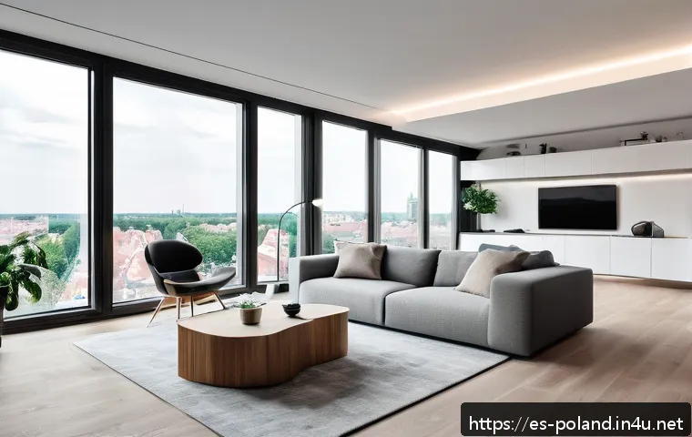 폴란드 주거 환경 - A modern Polish urban apartment interior featuring smart home technology: sleek living room with dig...