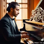 폴란드 유명 작곡가 쇼팽 - A contemplative pianist in a warmly lit, vintage music room filled with Polish folk art and traditio...