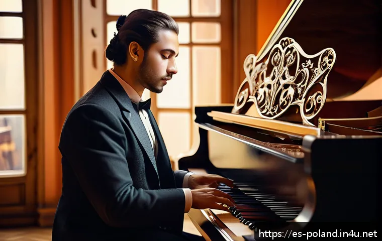 폴란드 유명 작곡가 쇼팽 - A contemplative pianist in a warmly lit, vintage music room filled with Polish folk art and traditio...