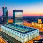 폴란드 주식시장 분석 - A modern panoramic view of the Warsaw Stock Exchange building at dusk, illuminated with dynamic LED ...
