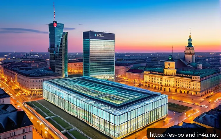 폴란드 주식시장 분석 - A modern panoramic view of the Warsaw Stock Exchange building at dusk, illuminated with dynamic LED ...
