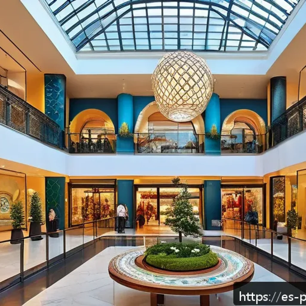 폴란드 쇼핑몰 추천 - A vibrant, modern shopping mall interior blending traditional Polish architectural elements with con...