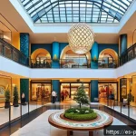 폴란드 쇼핑몰 추천 - A vibrant, modern shopping mall interior blending traditional Polish architectural elements with con...