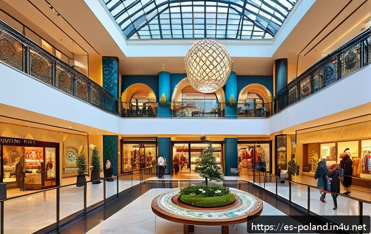 폴란드 쇼핑몰 추천 - A vibrant, modern shopping mall interior blending traditional Polish architectural elements with con...