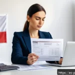폴란드 세금 환급 방법 - A professional Spanish-speaking woman sitting at a modern desk in a bright home office, reviewing Po...
