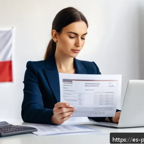 폴란드 세금 환급 방법 - A professional Spanish-speaking woman sitting at a modern desk in a bright home office, reviewing Po...