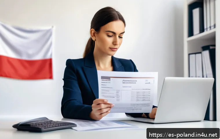 폴란드 세금 환급 방법 - A professional Spanish-speaking woman sitting at a modern desk in a bright home office, reviewing Po...