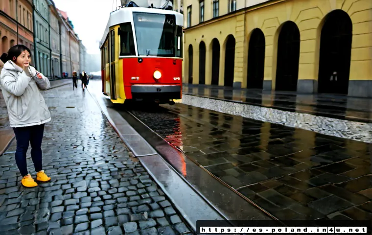 Home 17 폴란드에서 한국인이 주의할 점 - Photorealistic travel-safety scene in Warsaw, a Korean adult traveler wearing a light jacket waits s...