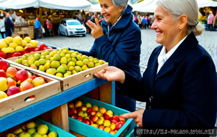 폴란드 마켓에서 흥정하는 법 - Photorealistic candid scene at a traditional Polish open-air market, a friendly Spanish-speaking fem...
