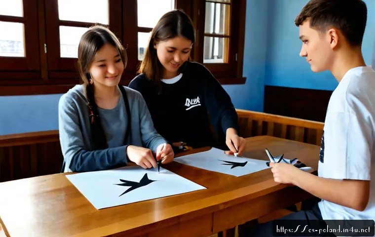 폴란드 내 일본 문화 영향 - Photorealistic cultural exchange scene in a bright Warsaw community arts center, Polish teenagers an...